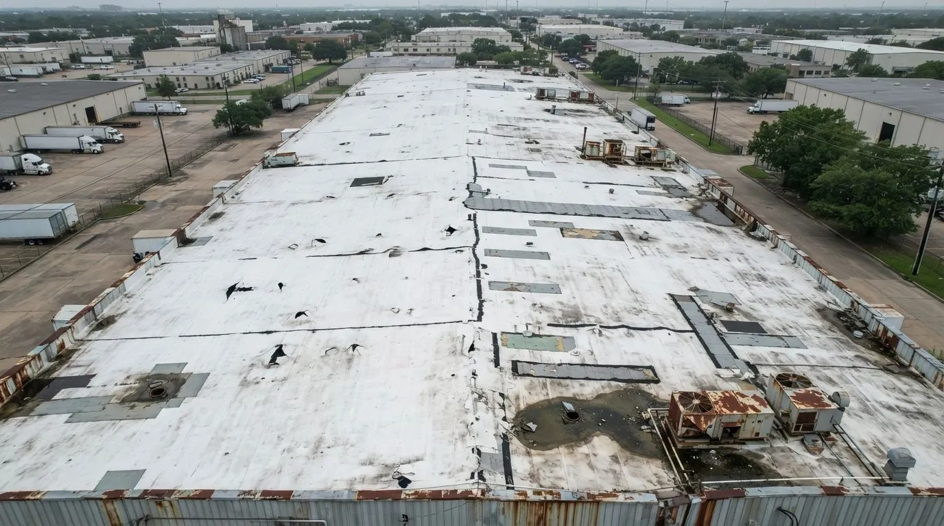 Commercial roofing project before repair Houston