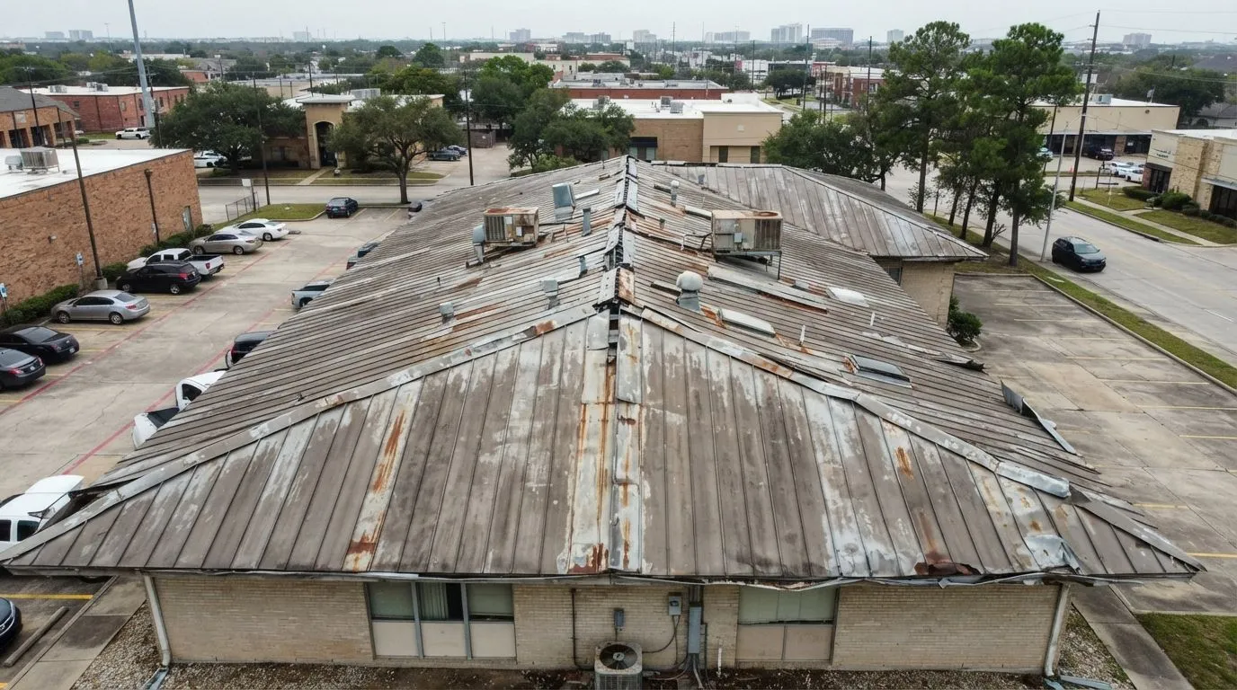 Commercial roofing project before repair Houston