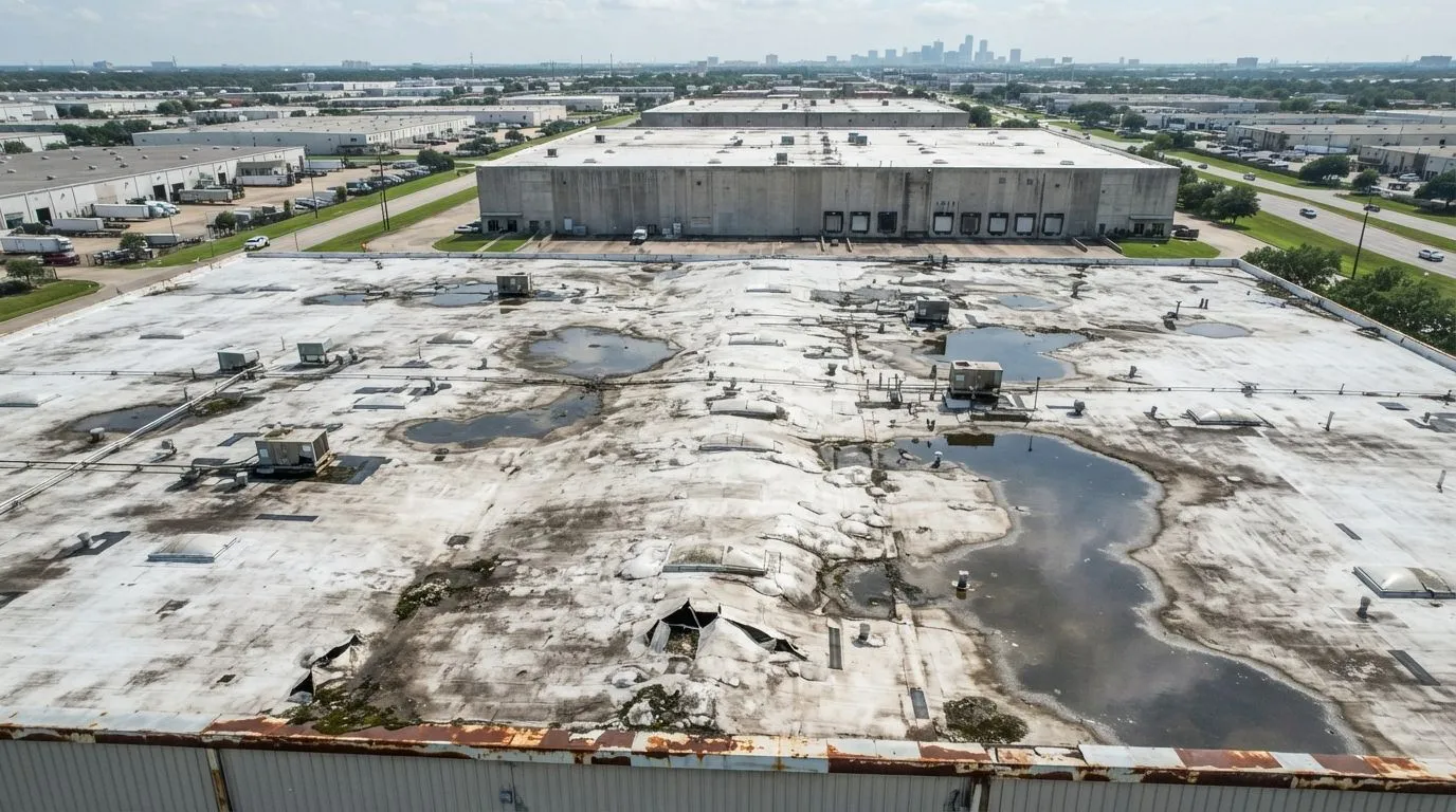 Commercial roofing project before repair Houston