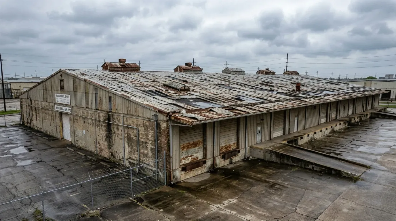 Metal roof repair Houston before roofing project on warehouse