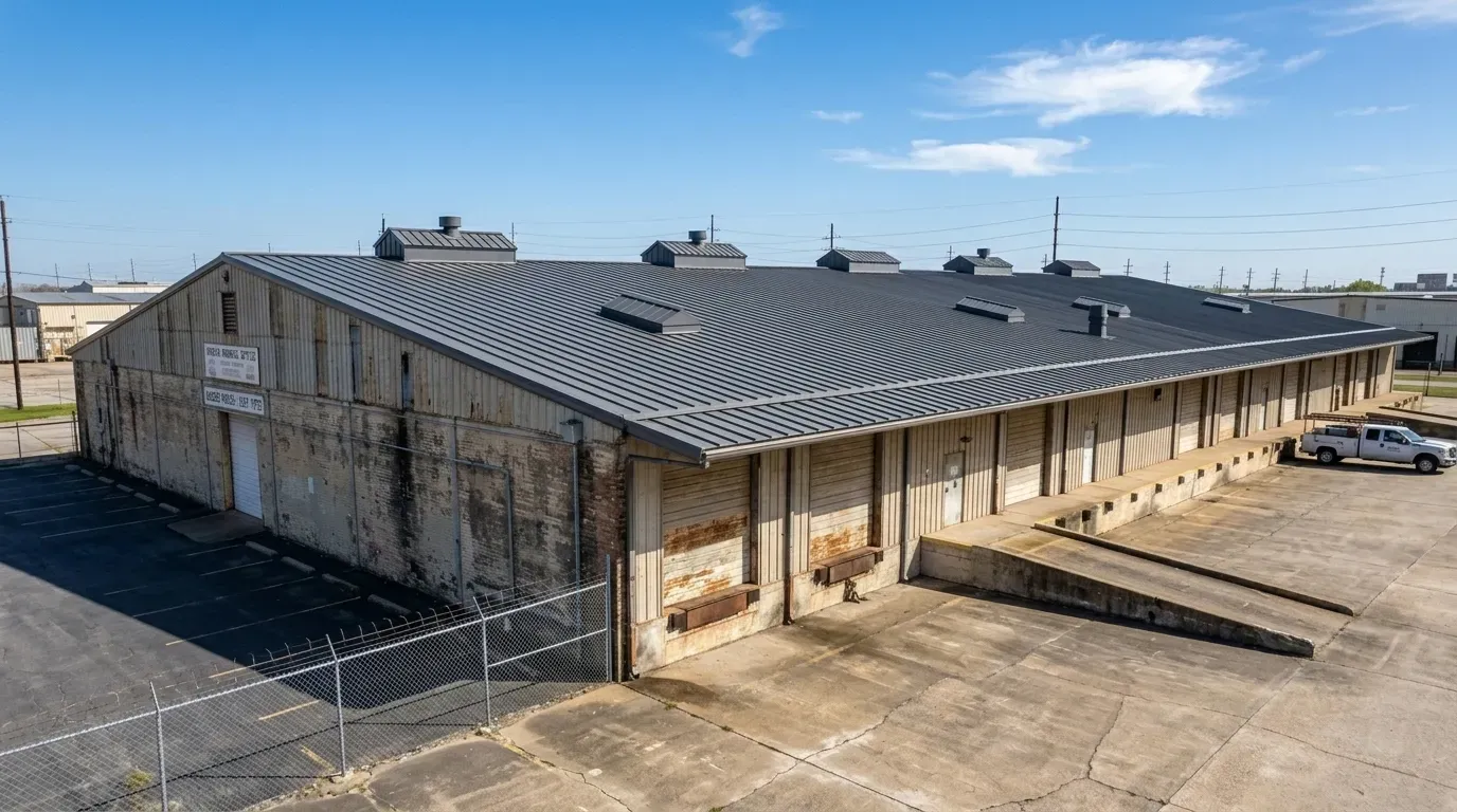 Completed metal roof repair Houston project on warehouse