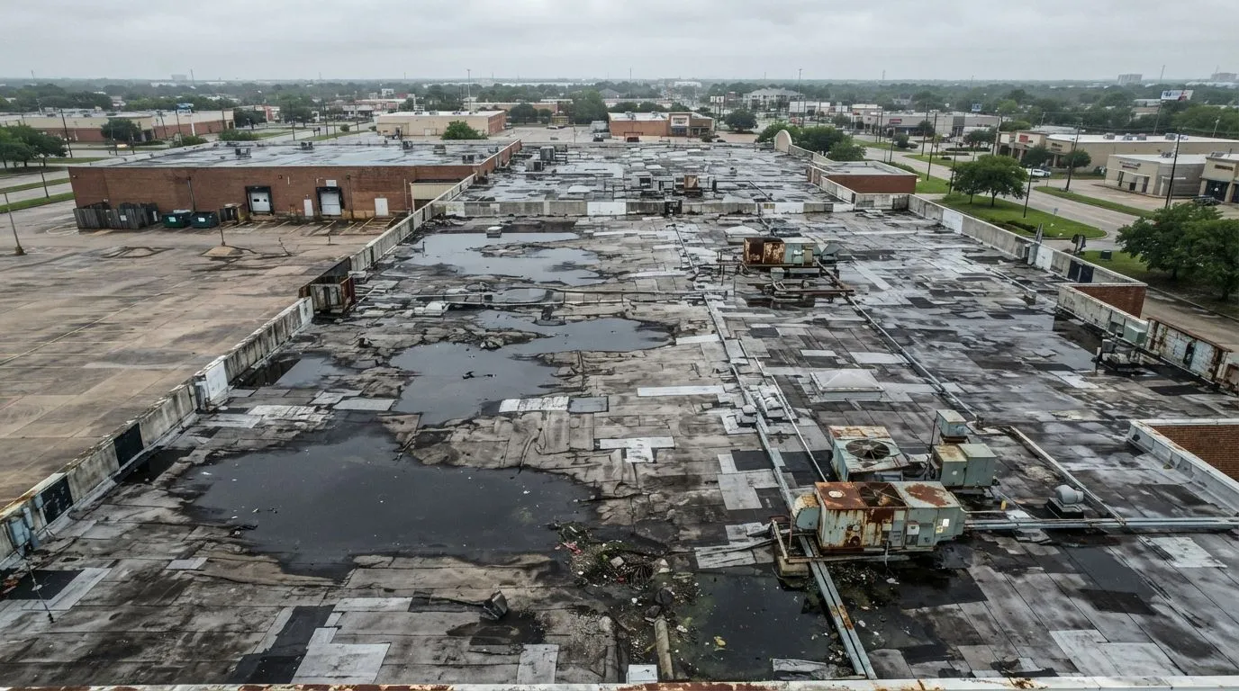 Commercial roofing project before repair Houston