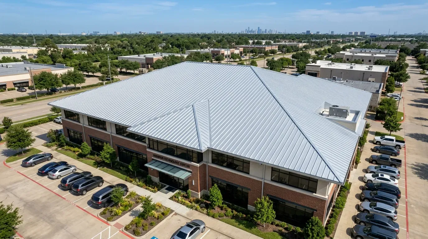 Finished metal roofing Houston installation at retail building