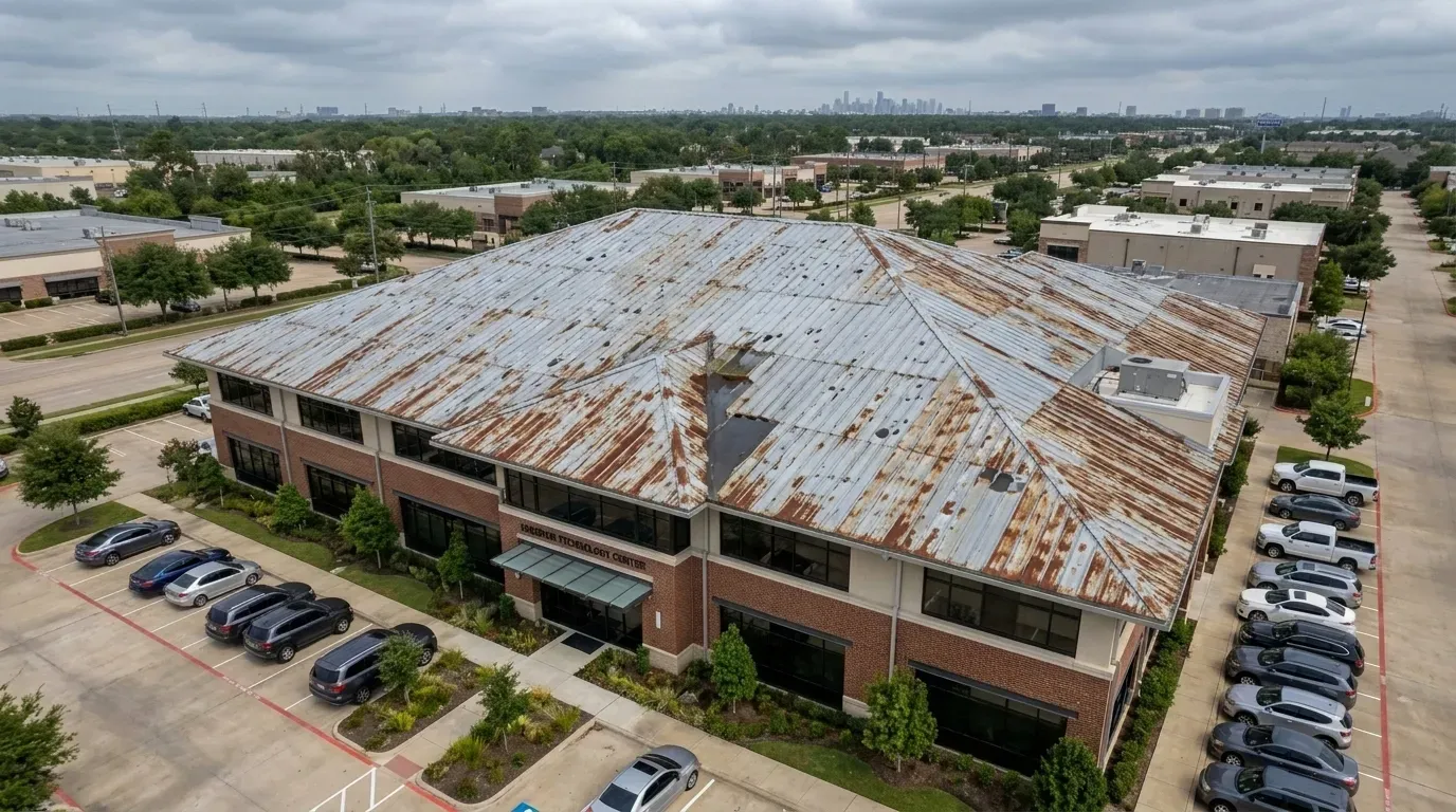 Metal roofing Houston project before installation at retail building