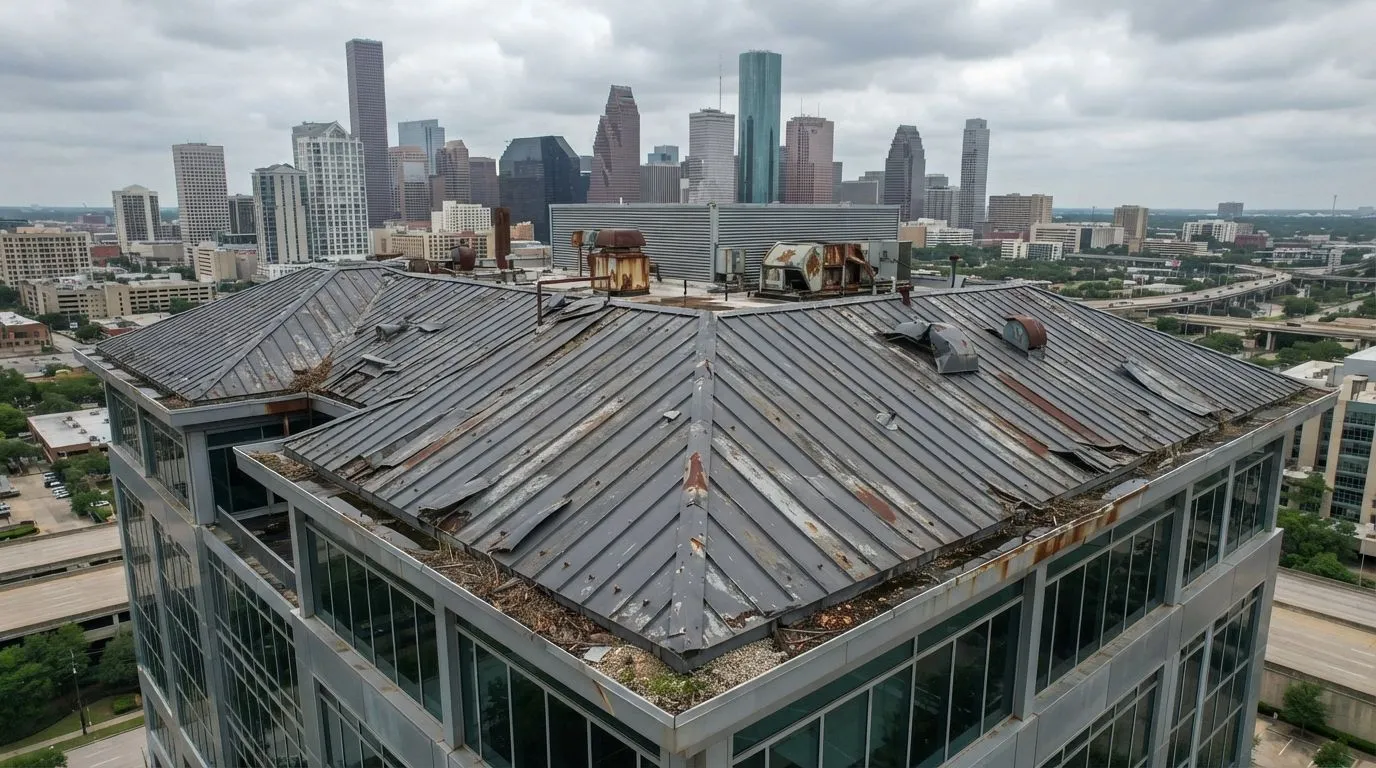 Commercial roofing project before repair Houston