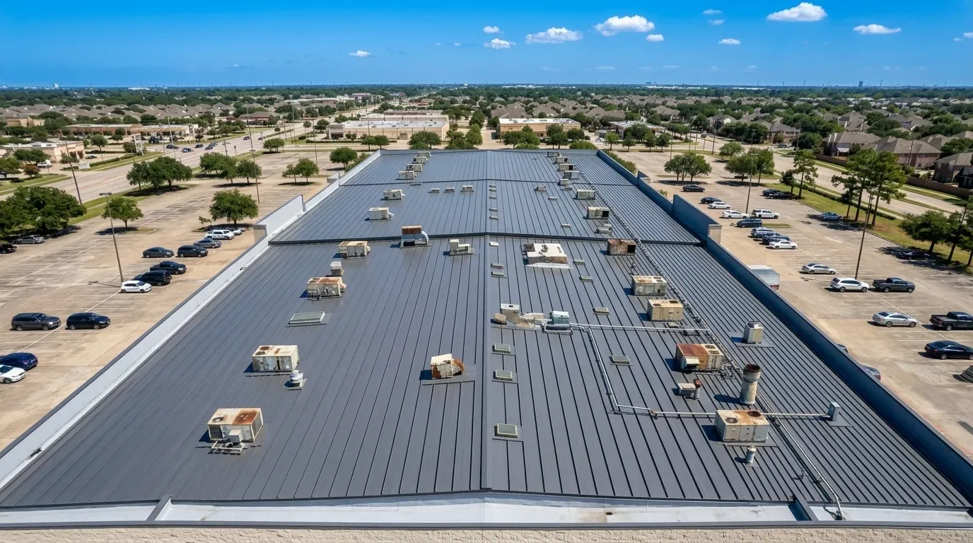 Completed metal roofing Houston installation at manufacturing facility